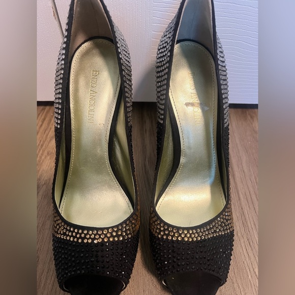 Women's Enzo Angiolini Black/Gold/Silver Rhinestone encrusted PeepToe Heels - Picture 3 of 6